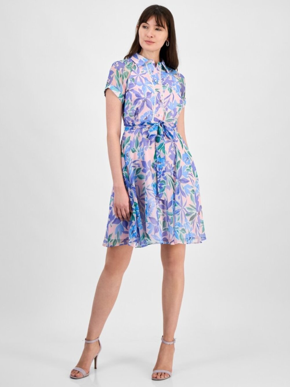 Tahari Women's Shadow-Striped Floral-Print Belted Dress - Bubblegum Floral